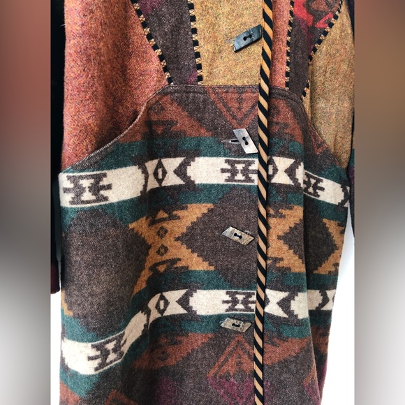 Vintage 80s 90s Southwestern Hooded Wool Blanket Coat / Wool Duster Coat - Picture 5 of 16